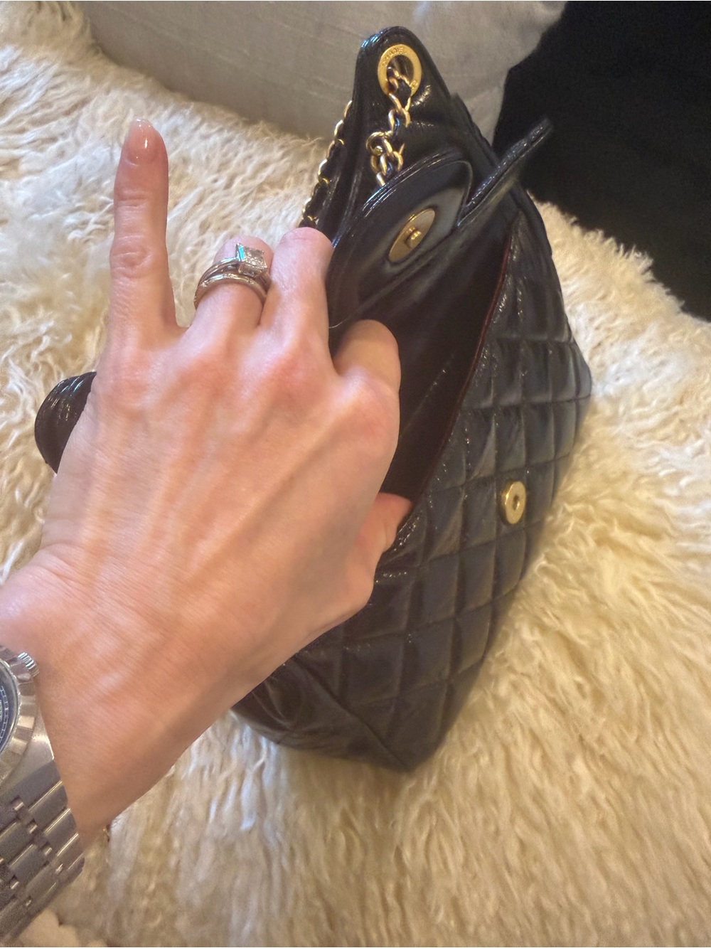 CHANEL Black Quilted Patent Leather Crossbody with Gold Chain & CC Turnlock - Picture 2 of 9